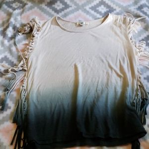 Tan and blue fringed shirt
